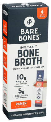 Bare Bones Ramen bone broth packet label closeup highlighting premium ingredients for quick flavorful broth.