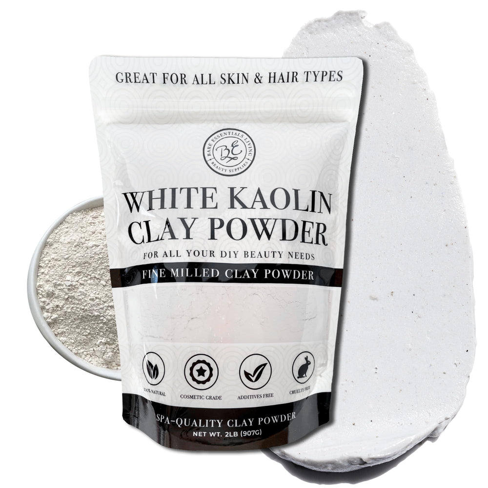 Bare Essentials Living white kaolin clay powder in packaging, ideal for DIY beauty projects.