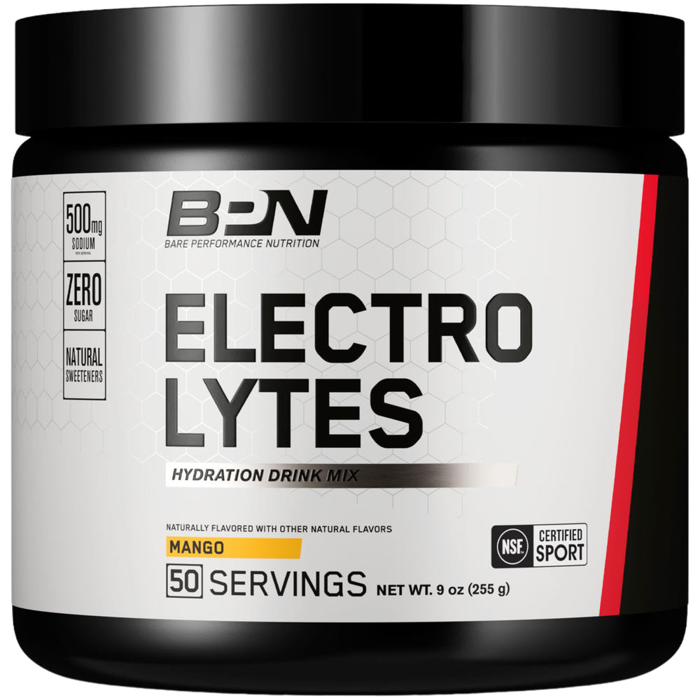 BARE PERFORMANCE NUTRITION BPN Mango Electrolytes tub close-up, highlighting mango flavor and hydration benefits
