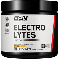 BARE PERFORMANCE NUTRITION BPN Mango Electrolytes tub close-up, highlighting mango flavor and hydration benefits