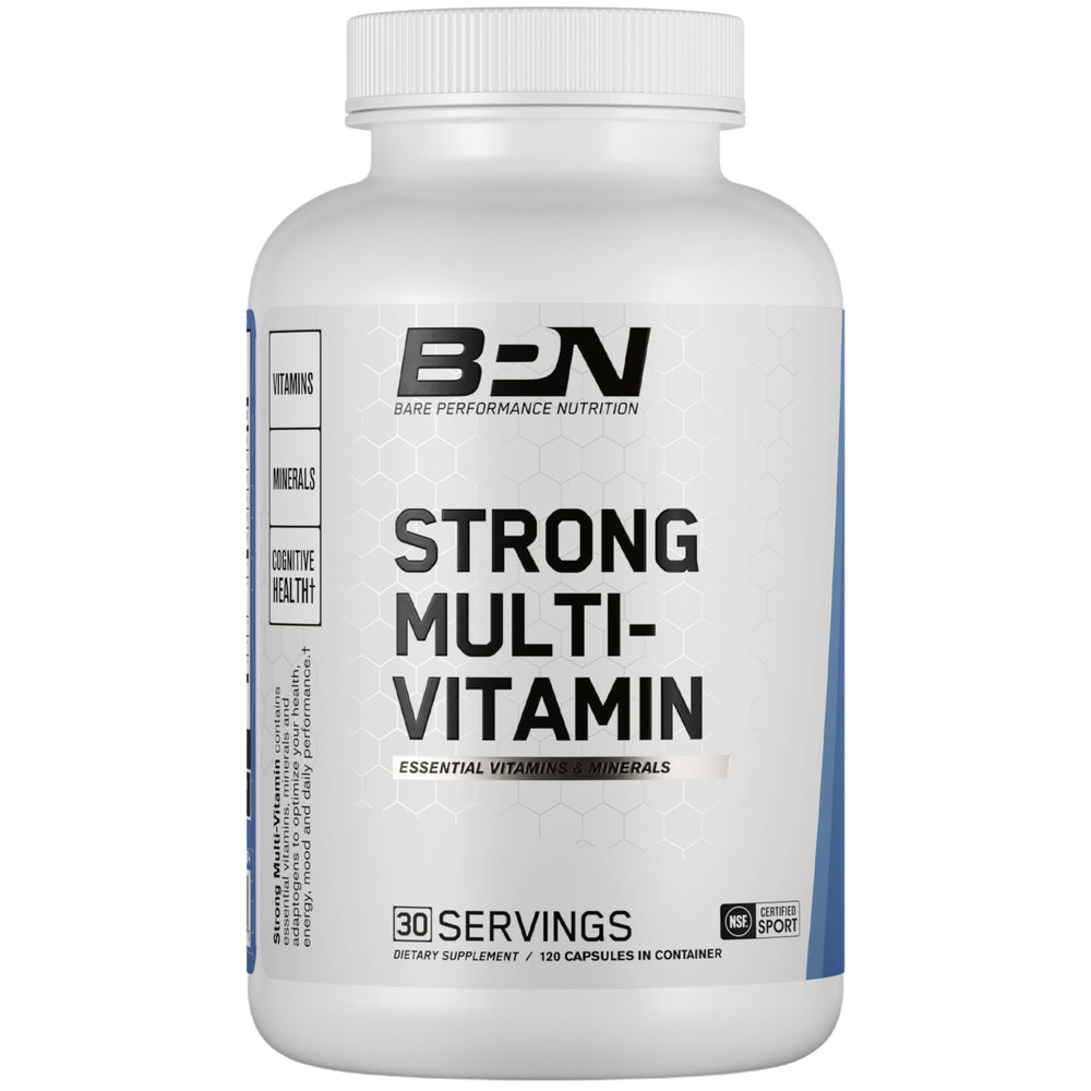 Bare Performance Nutrition Strong Multi-Vitamin bottle closeup for daily foundational support