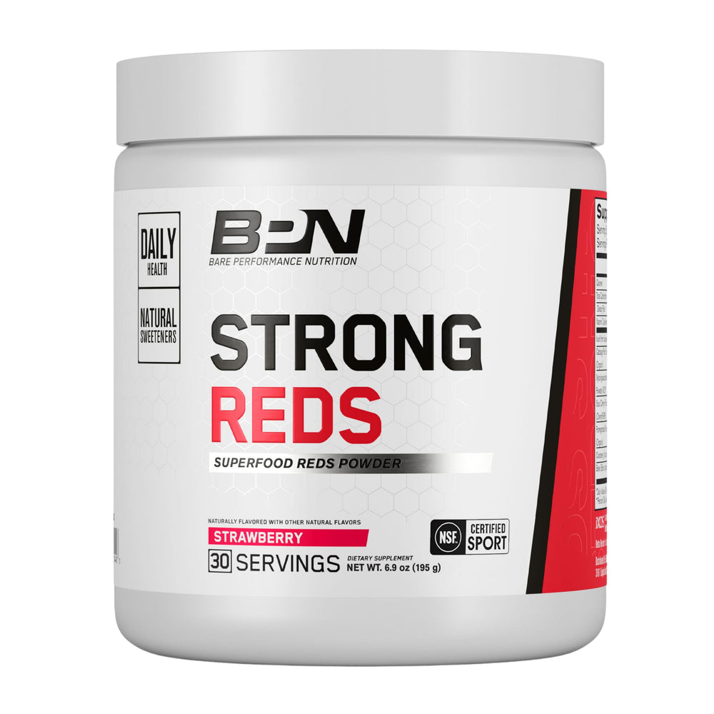 BARE PERFORMANCE NUTRITION Strong Reds powder container for daily antioxidant support.