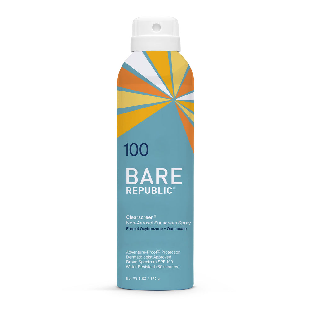Bare Republic Clearscreen SPF 100 spray bottle with invisible finish for quick outdoor protection.