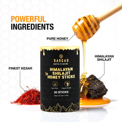 Bargad Shilajit Honey Stick opened to reveal saffron threads and amber honey.
