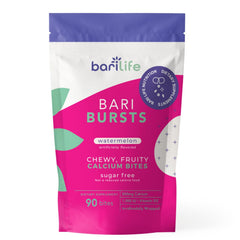 BariBurst calcium citrate bariatric chew bottle shows watermelon flavor for easy daily intake.