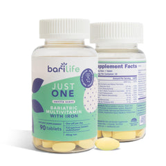 Bari Life Just One bottle back label shows 45 mg iron for post-surgery needs.