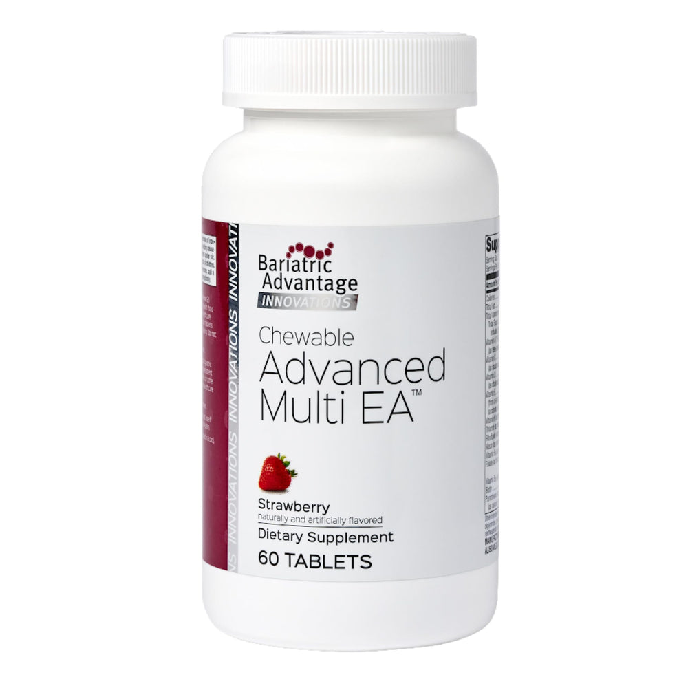 Bariatric Advantage Chewable Advanced Multi EA bottle front for convenient post-surgery nutrition.
