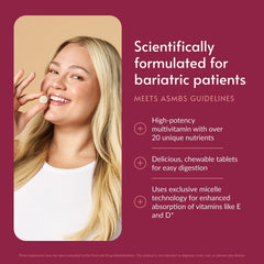 Bariatric Advantage Chewable Multi EA tablets closeup emphasizes iron and folic acid support