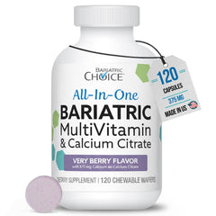 Bariatric Choice all-in-one chewable bottle with berry flavor for daily post-surgery nutrition.