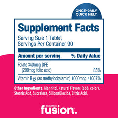 Bariatric Fusion B12 melt label closeup highlights non-GMO and sugar-free formula.