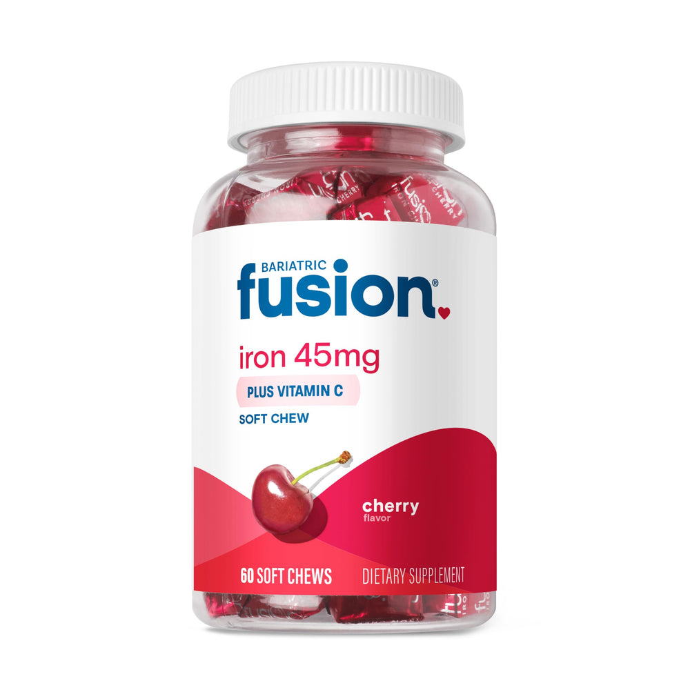 Bariatric Fusion Iron soft chews cherry bottle for on-the-go iron support and great taste.