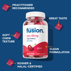 Bariatric Fusion Iron soft chews cherry wrapped individually for travel.