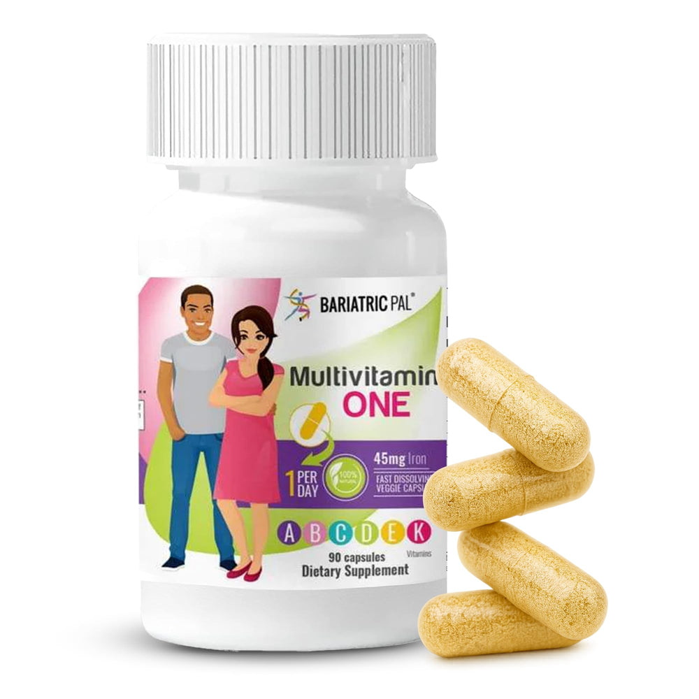 BariatricPal Multivitamin One bottle with easy-to-swallow capsules for daily post-surgery nutrition.