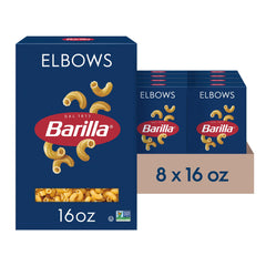 Barilla Elbows pasta box front, a durable pantry staple.