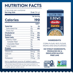 Barilla gluten free elbows pasta ingredients detail, corn and rice base