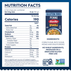 Barilla gluten free penne ingredients corn and rice highlighted for gluten free texture
