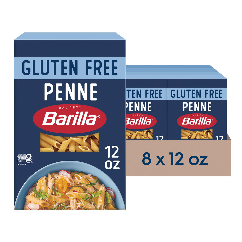 Barilla gluten free penne box on kitchen counter for easy weeknight meals