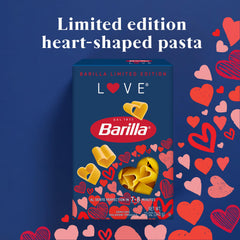 Barilla Love Pasta uncooked heart-shaped close-up highlights design and quality ingredients.