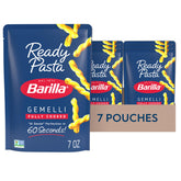 Barilla Ready Pasta Gemelli pack of seven pouches, ready in 60 seconds for quick meals.