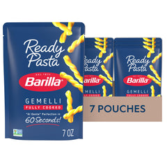 Barilla Ready Pasta Gemelli pack of seven pouches, ready in 60 seconds for quick meals.