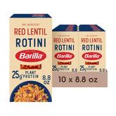 Barilla Red Lentil Rotini pasta box shows gluten-free and non-GMO labeling.