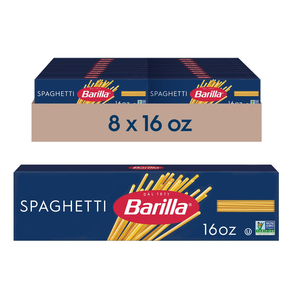 Barilla spaghetti pasta 16oz box 8-pack ready for bulk meals and easy prep.