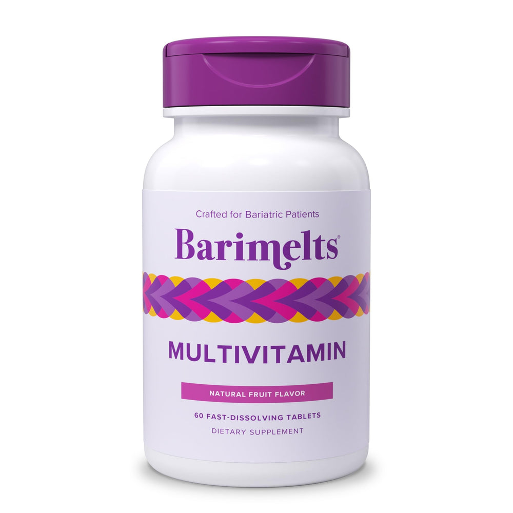 BariMelts multivitamin tablets in bottle front, daily post-surgery nutrition support.
