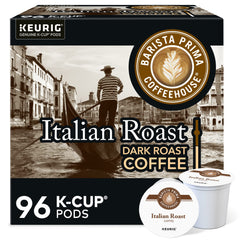 Barista Prima Italian Roast pods front view, showing convenient Keurig compatibility for quick mornings.