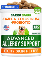 BARK&SPARK Advanced Allergy Relief bottle front with bacon flavor for daily support.