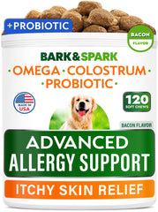BARK&SPARK Advanced Allergy Relief bottle front with bacon flavor for daily support.