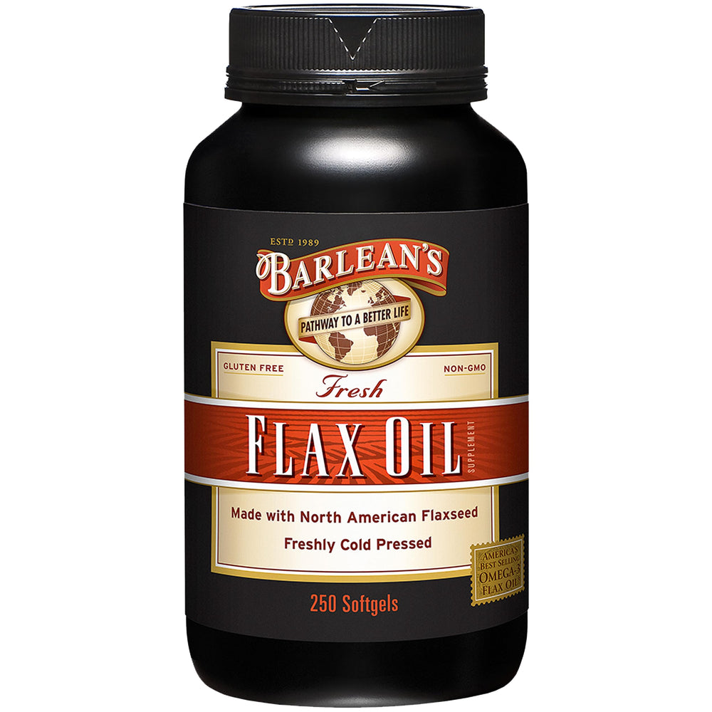 Barlean's flax oil softgels bottle close-up for convenient daily supplementation.