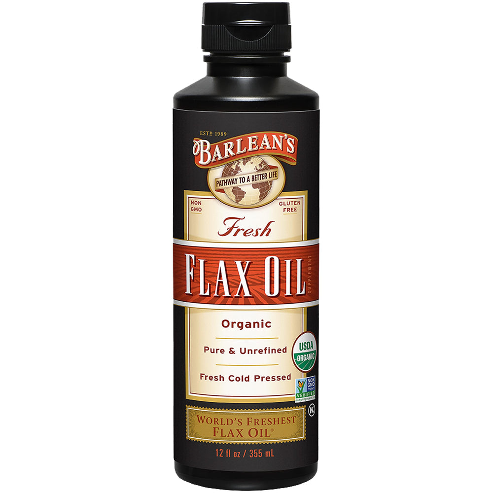 Barlean's flaxseed oil bottle on shelf highlighting a convenient omega-3 option.