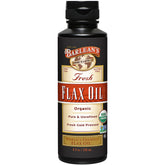 Barlean's Flaxseed Oil bottle on counter highlights cold-pressed, vegan omega-3 benefits.