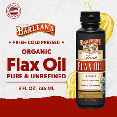 Close-up of Barlean's flaxseed oil label emphasizing organic, non-GMO quality.