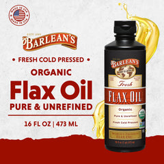 Barlean's flaxseed oil label showing organic, non-GMO credentials for clean nutrition.