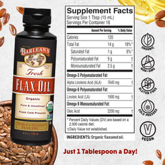 Barlean's flaxseed oil being poured into a spoon for daily omega-3 intake.