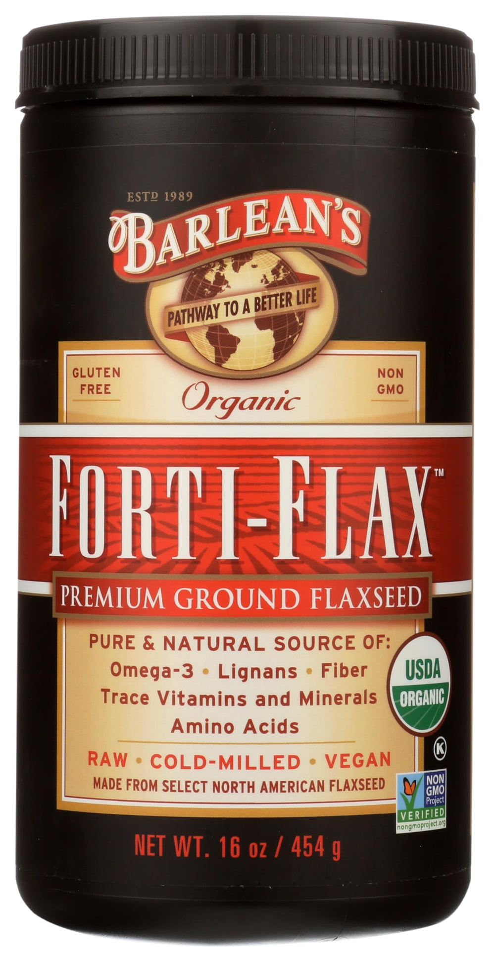 Barlean's Forti-Flax flaxseed bottle with label, showcasing organic omega-3 richness.