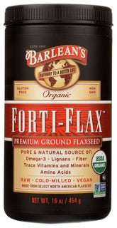Barlean's Forti-Flax flaxseed bottle with label, showcasing organic omega-3 richness.