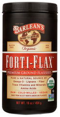 Barlean's Forti-Flax flaxseed bottle with label, showcasing organic omega-3 richness.