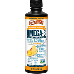 Barlean's Omega-3 Mango Peach bottle on kitchen shelf suggests easy daily omega-3 support.