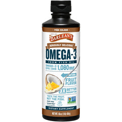 Barlean's Omega 3 liquid bottle pour with pina colada flavor, easy daily intake, may support heart health.