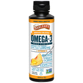 Barlean's Mango Peach Omega-3 bottle on kitchen counter for easy daily intake