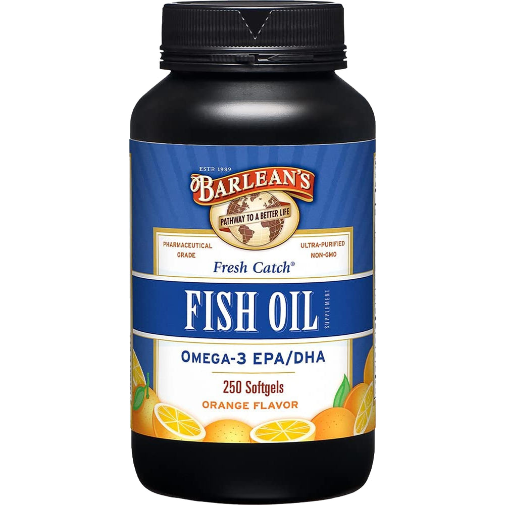 Barlean's Omega-3 orange bottle on kitchen counter for daily heart and brain support.