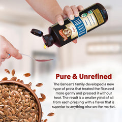 Barlean's Organic flax seeds image highlights non-GMO, fresh quality ingredients.