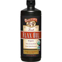 Barlean's Organic Flaxseed Oil bottle on a kitchen shelf, versatile for dressings and smoothies.
