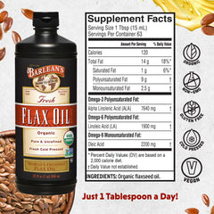 Barlean's Organic Flaxseed Oil being poured, ideal for drizzling into salads or yogurt.