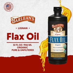 Barlean's flaxseed oil being poured for dressings or smoothies.