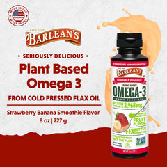 Barlean's vegan flaxseed oil bottle pouring for easy spoonfuls