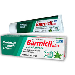 Barmicil Plus 1% hydrocortisone cream tube for quick itch relief.