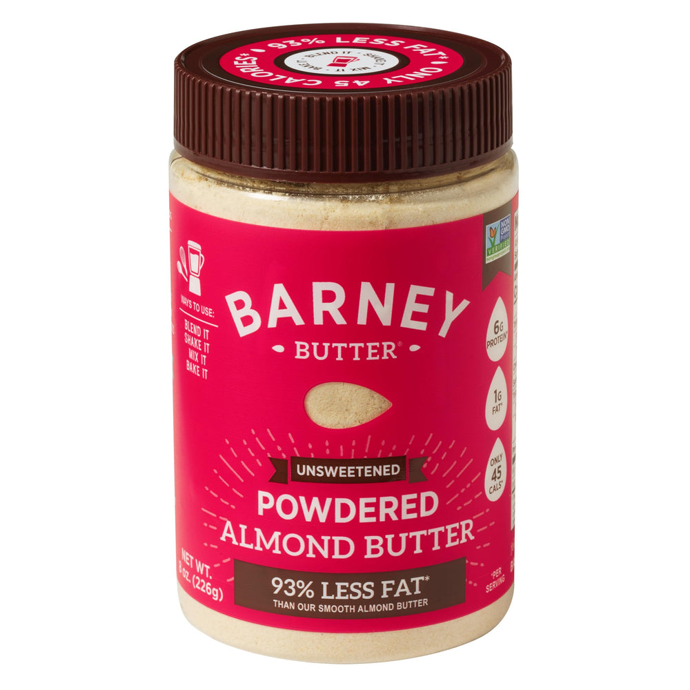 Barney Butter powdered almond butter jar front, single-ingredient protein boost option.